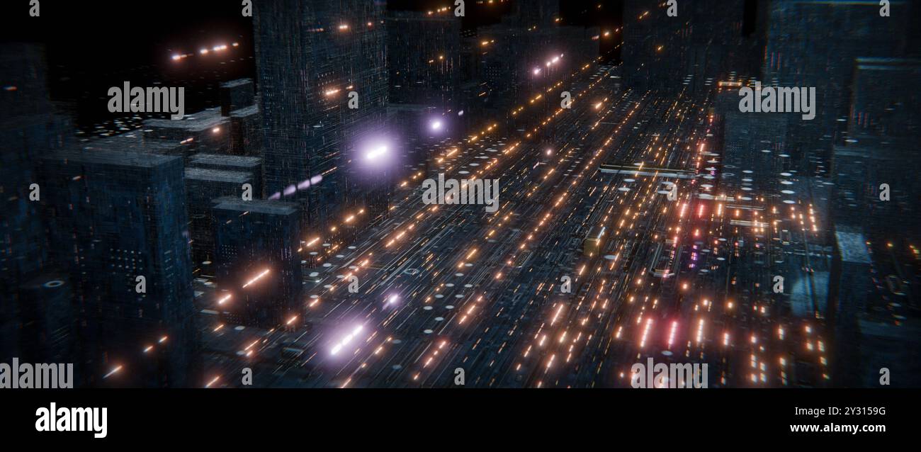 Un paysage urbain futuriste rendu en 3D, mettant en valeur un réseau de lignes et de structures lumineuses sur un fond sombre. Les lumières vibrantes et complexes Banque D'Images