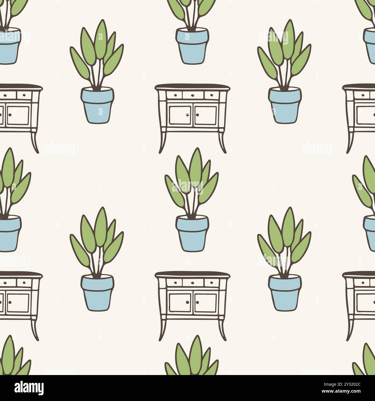 Modèle avec meubles vintage table de chevet commode avec plante d'intérieur en pot, dessin linéaire de contour dans un style minimaliste. Illustration vectorielle Illustration de Vecteur