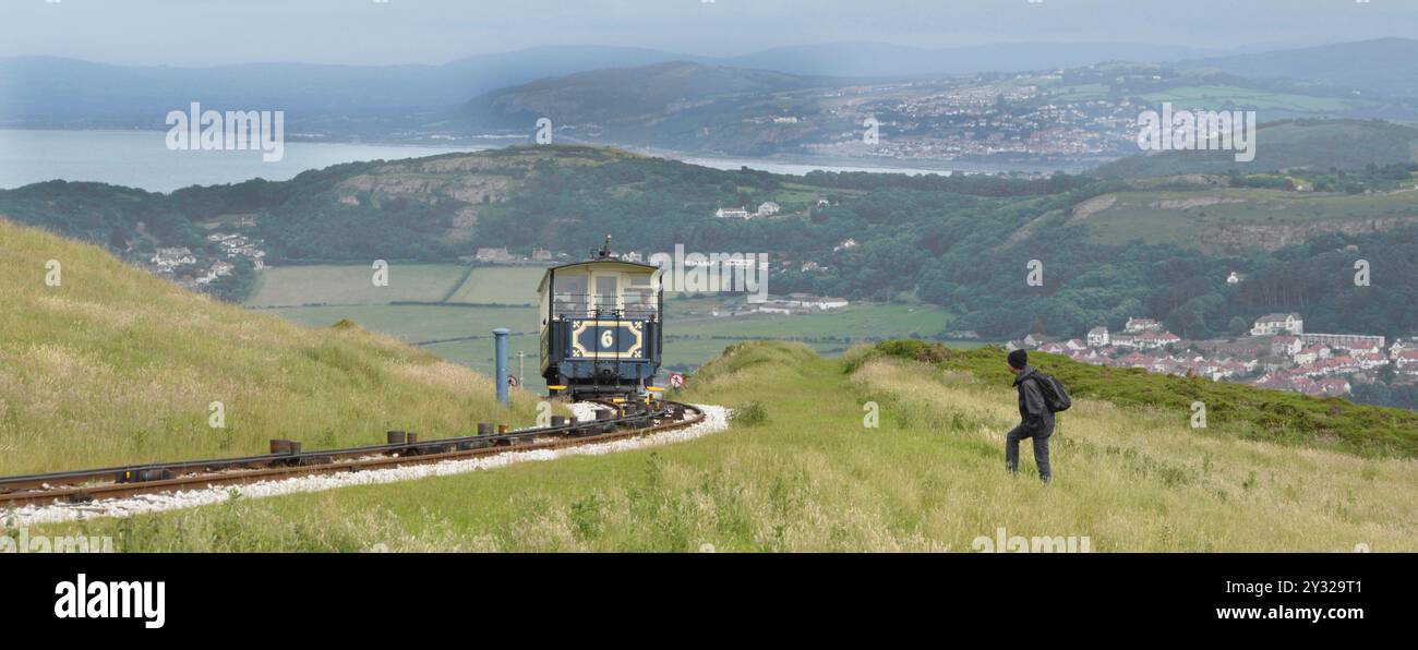 Marcheur de sac à dos qui traverse les prairies en direction du funiculaire victorien tramway et de la piste d'escalade Great Orme vues sur la côte de Llandudno, au nord du pays de Galles, au Royaume-Uni Banque D'Images
