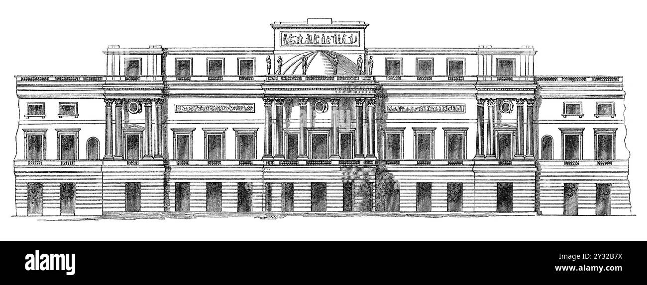 Gravure vintage 1854 de la façade ouest de la résidence royale de Buckingham Palace, face aux jardins du palais à Londres, Angleterre. Banque D'Images