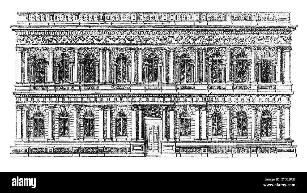 Gravure vintage 1854 du Pall Mall, maison du Carlton Club de 1835 à 1856, lorsque le bâtiment a été remplacé. Banque D'Images