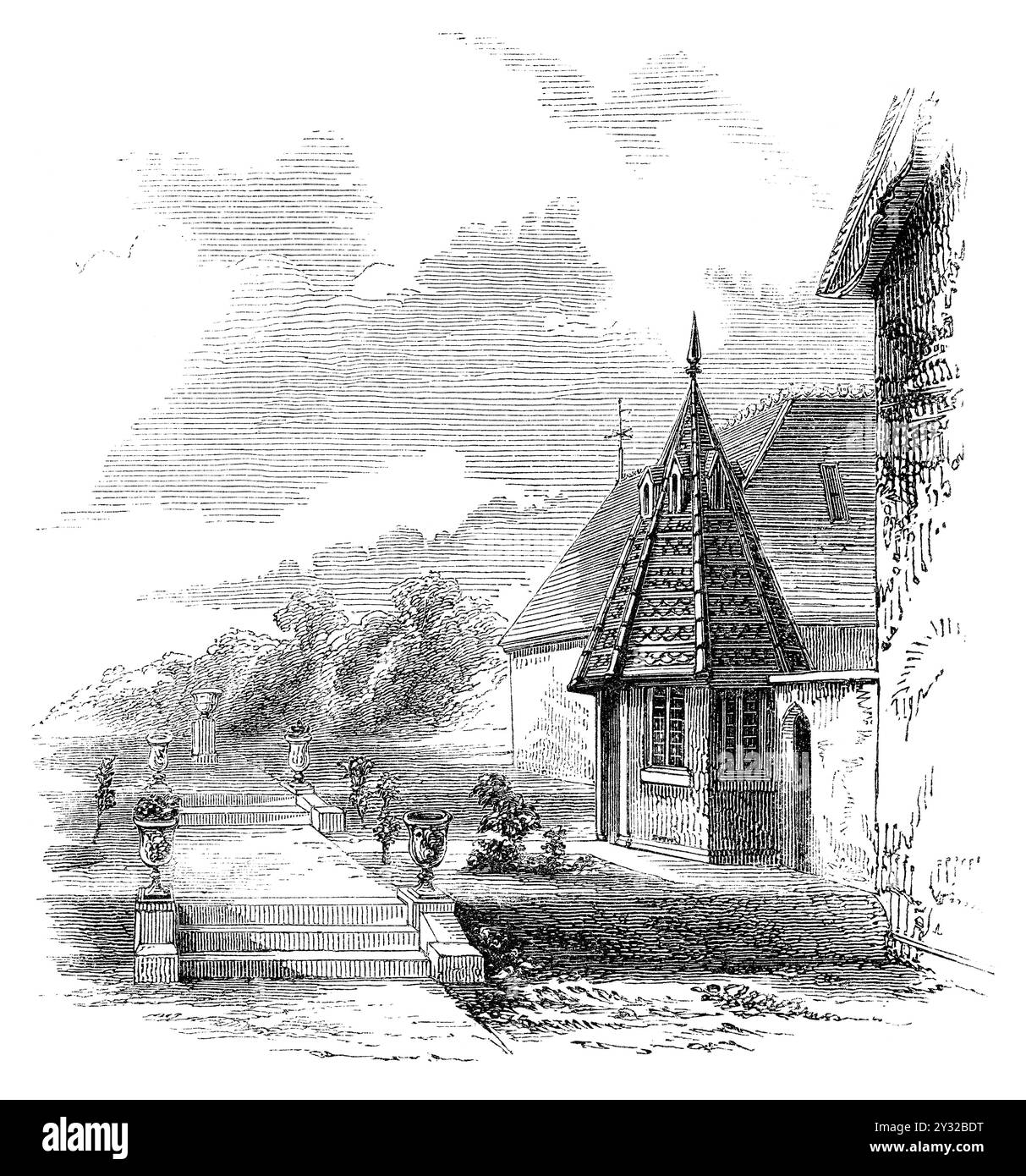 Gravure vintage 1854 de Burntwood Grange à Wandsworth, Londres. Banque D'Images