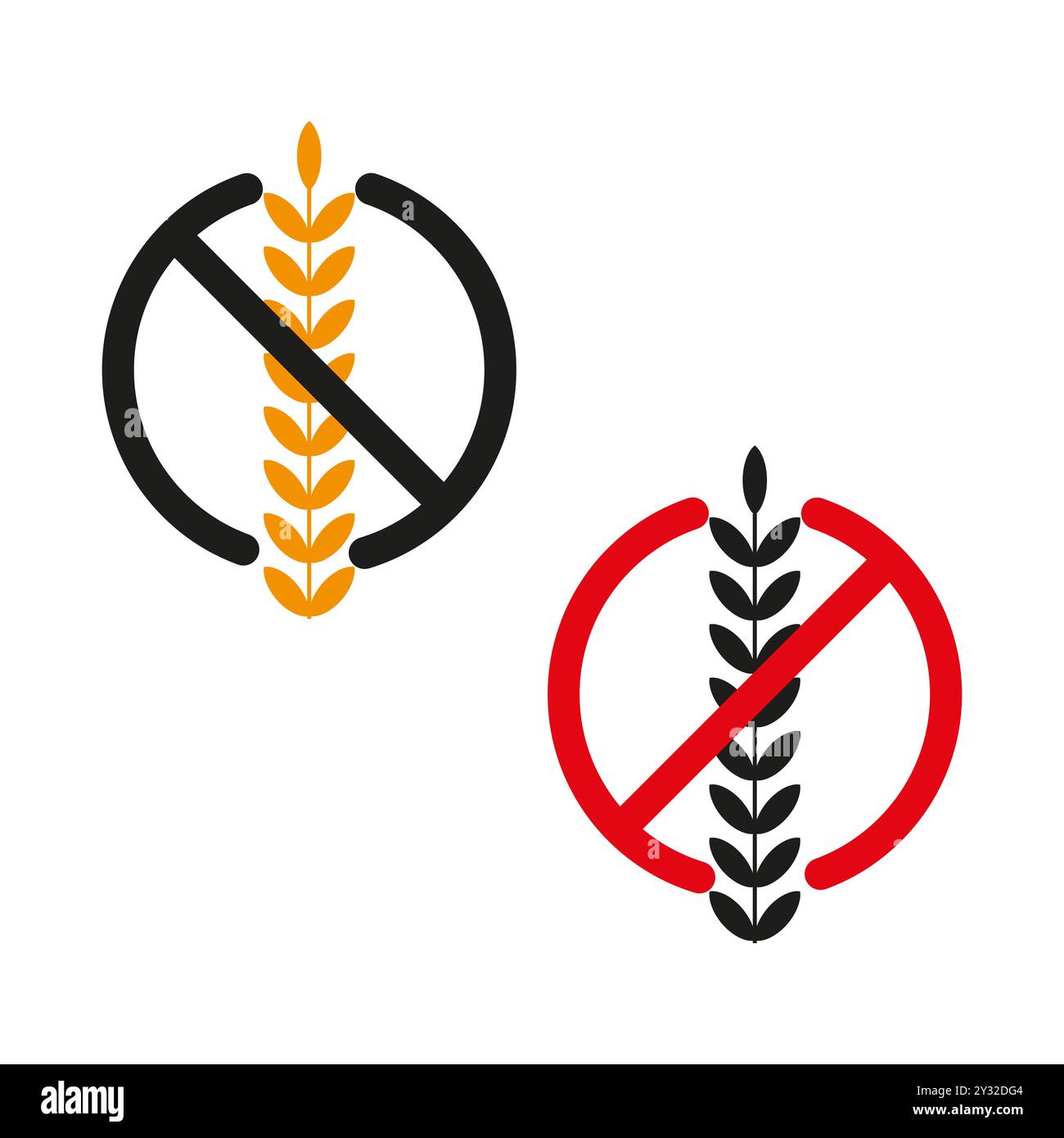 Vecteur d'icône sans gluten. Symbole de blé barré. Cercles rouges et noirs. Conception plate simple. Illustration de Vecteur