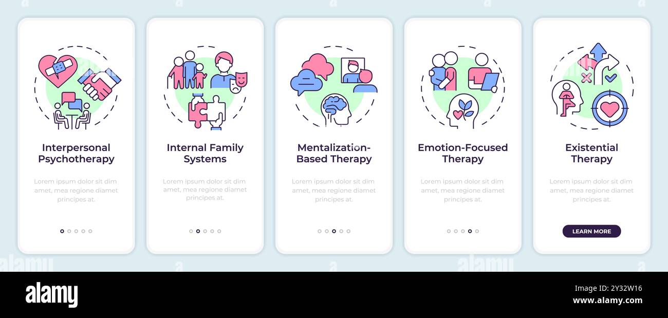 Type d'approche psychothérapeutique écran de l'application mobile Onboarding Illustration de Vecteur