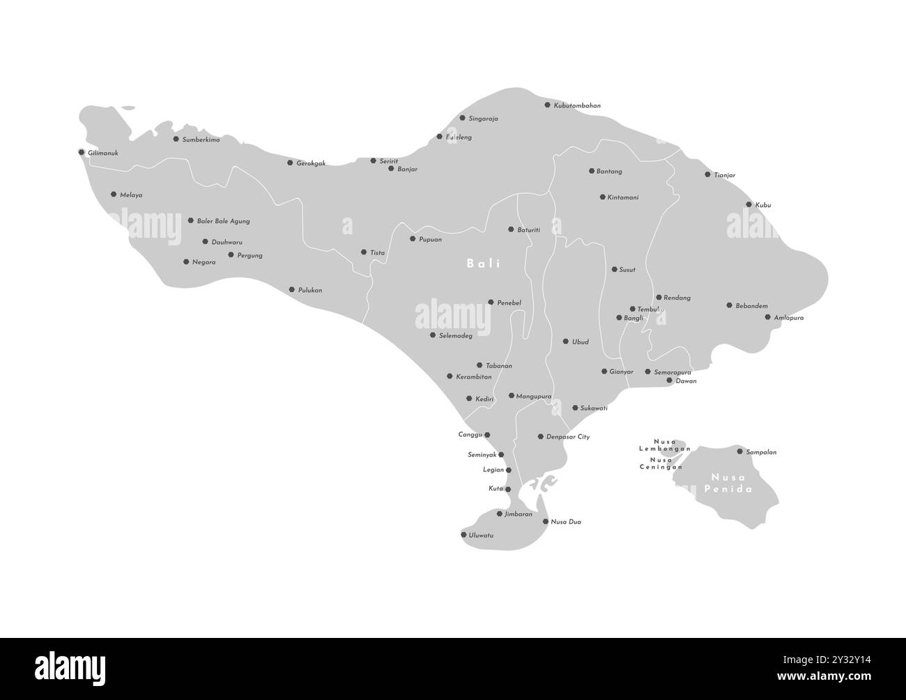 Illustration isolée vectorielle. Carte administrative grise simplifiée de Bali, Indonésie. Frontière avec les îles les plus proches Nusa Penida. Fond blanc. Noms Illustration de Vecteur