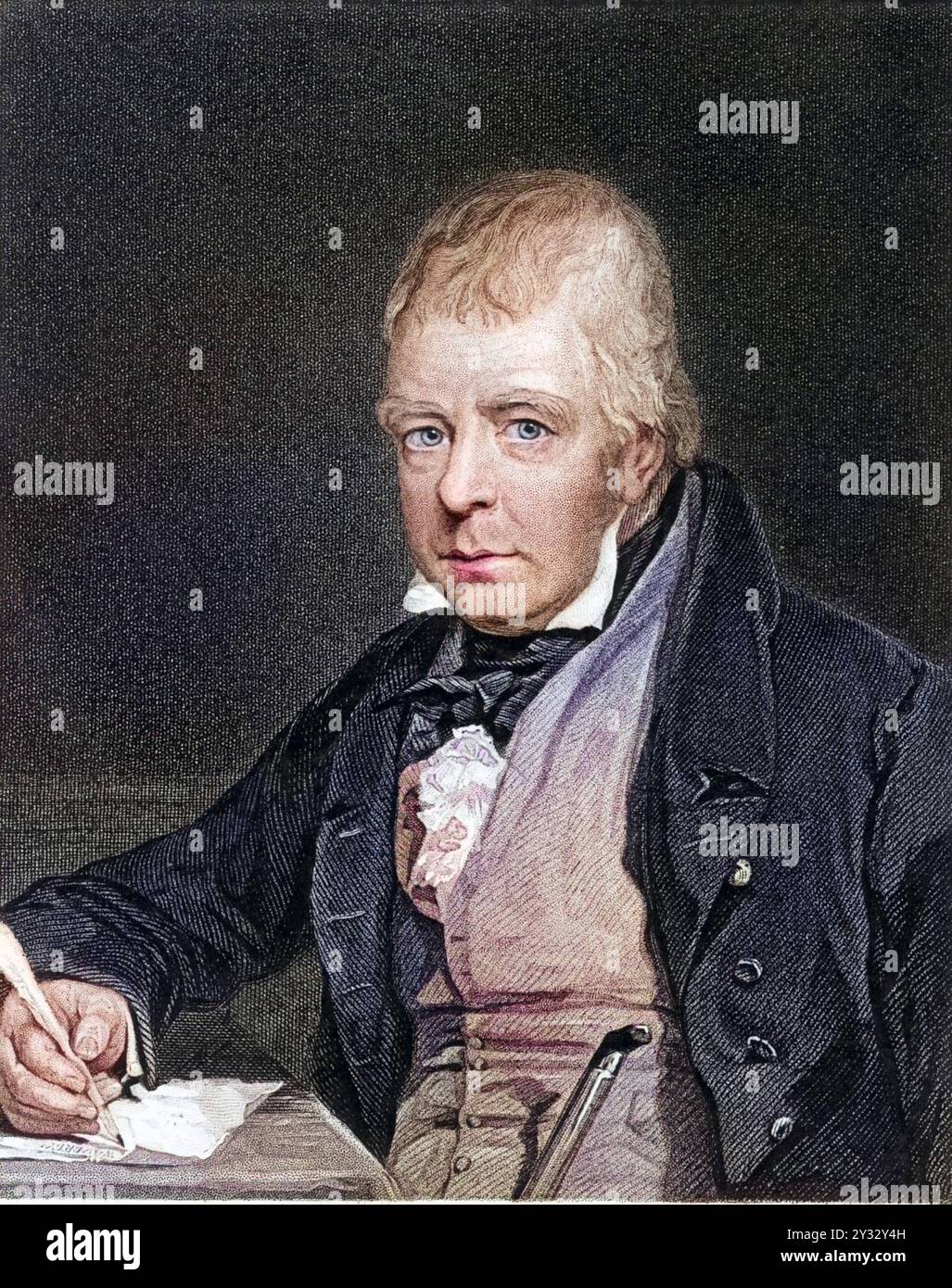Walter Scott 1771-1832, Schottischer Autor und Dichter. Bekannt für Seine historischen Waverley-Romane. Kupferstich nach dem Porträt von John Prescott Banque D'Images