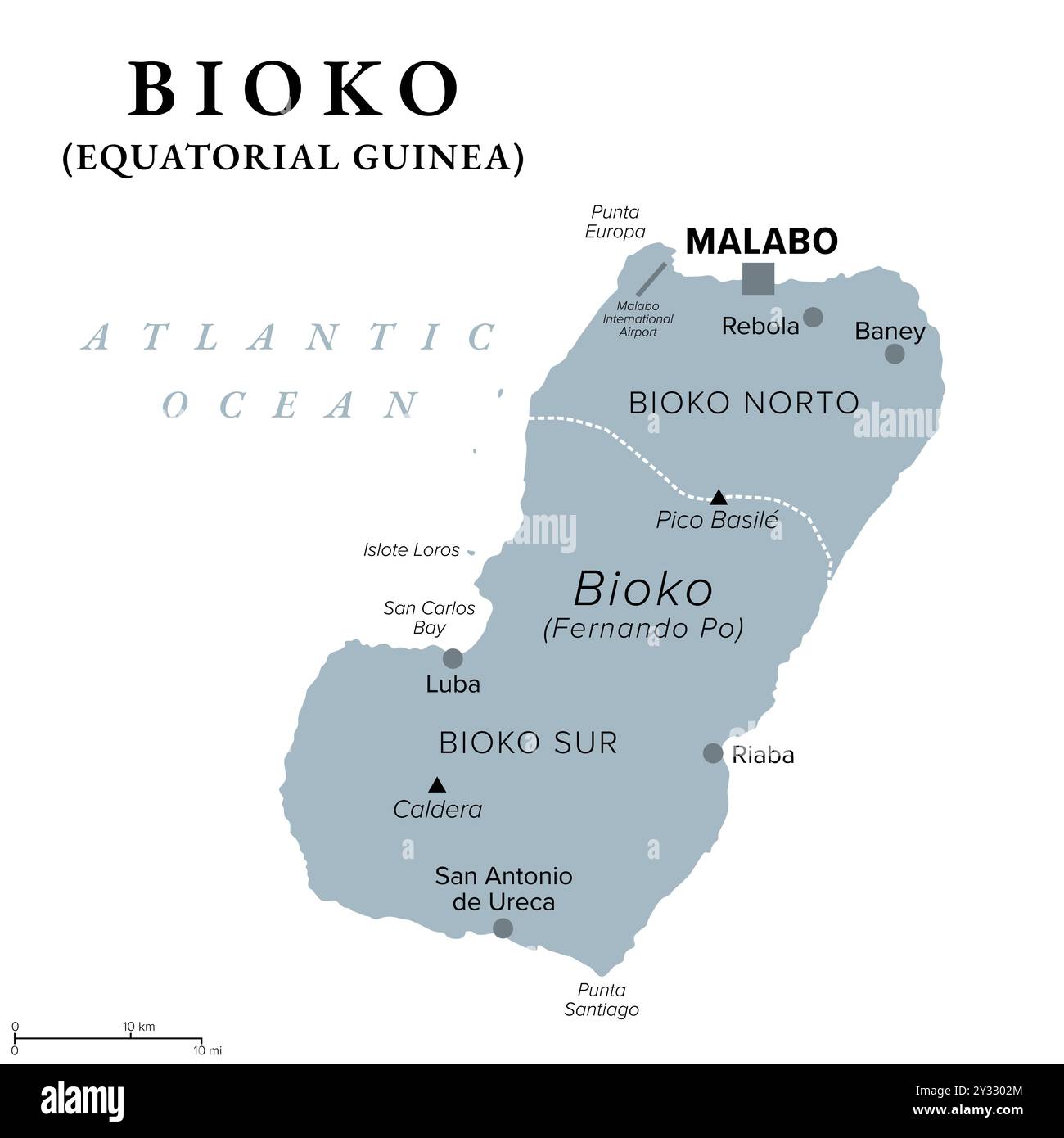Bioko, île au large des côtes africaines, carte politique grise. Historiquement Fernando po, la partie la plus septentrionale de la Guinée équatoriale avec la capitale Malabo. Banque D'Images