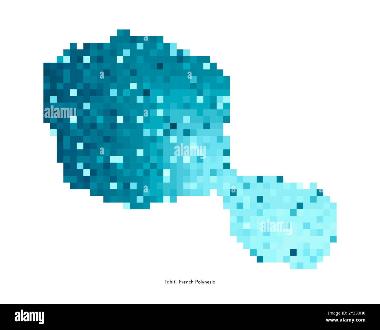 Illustration géométrique isolée vectorielle avec silhouette bleue glacée simplifiée de la carte de l'île de Tahiti. Partie de la Polynésie française. Style pixel art pour TEM NFT Illustration de Vecteur