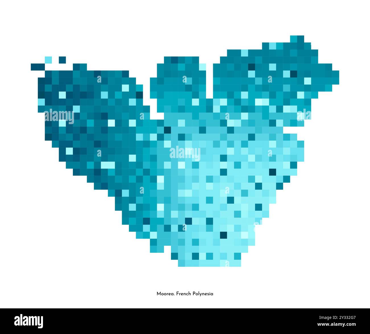 Illustration géométrique isolée vectorielle avec silhouette bleue glacée simplifiée de la carte de l'île de Moorea. Partie de la Polynésie française. Style pixel art pour TEM NFT Illustration de Vecteur