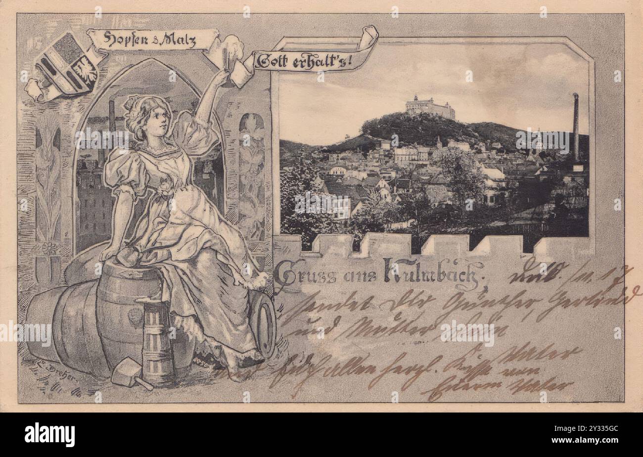 Houblon et malt, vieille carte postale de la ville de bière Kulmbach, 1917, haute-Franconie, Bavière, Allemagne, reproduction historique, restaurée numériquement à partir d'un original de l'époque Banque D'Images