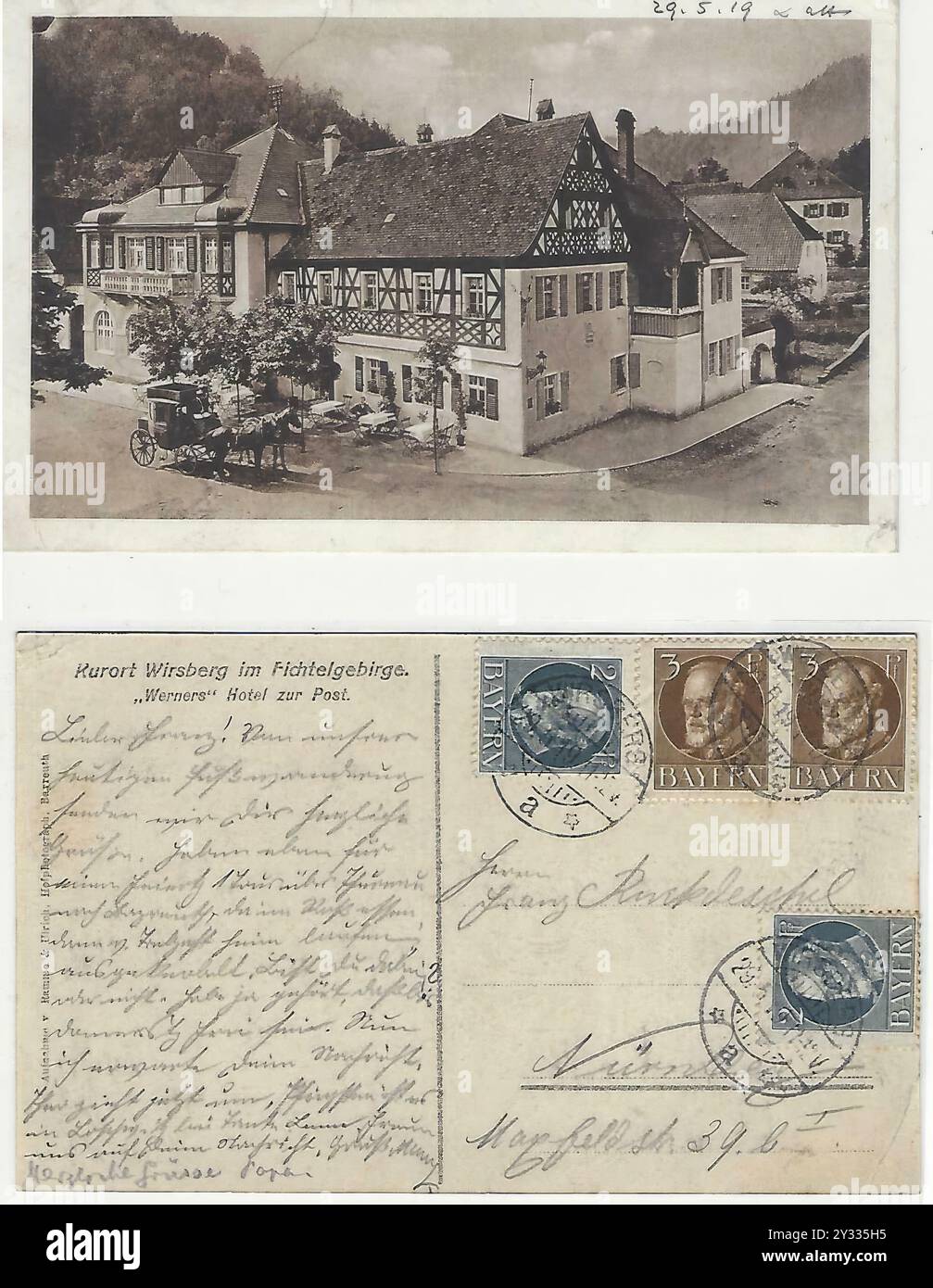 Les deux côtés d'une carte postale de 1919, Hôtel Zur Post à Wirsberg, aujourd'hui restaurant 2 étoiles d'Alexander Herrmann, quartier de Kulmbach, haute-Franconie, Bavière, Allemagne, reproduction historique, restaurée numériquement à partir d'un original de cette époque Banque D'Images