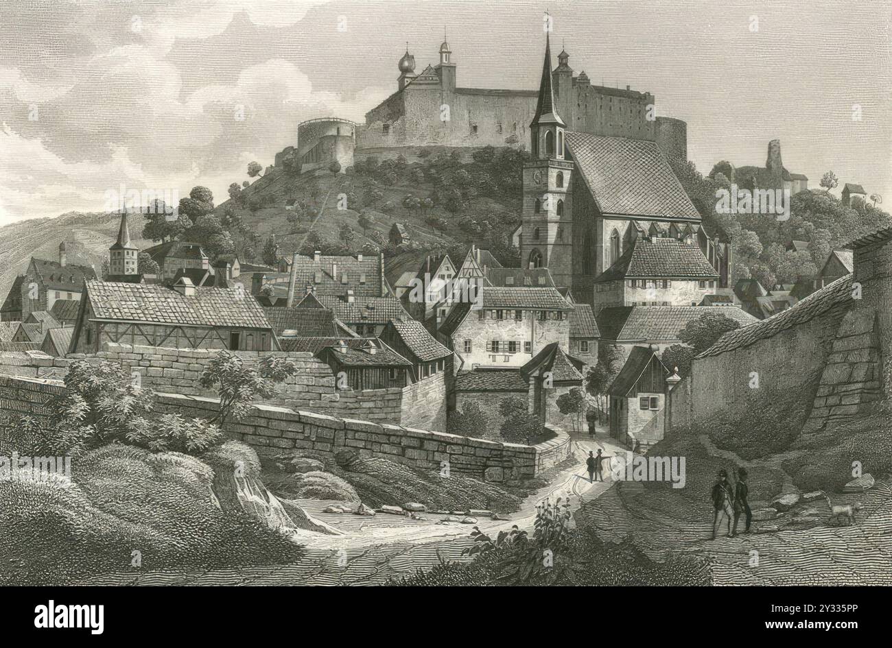 Vue de Kulmbach avec la Plassenburg, la vieille ville et l'église de Petri, c. 1847, haute-Franconie, Bavière, Allemagne, reproduction historique, restaurée numériquement à partir d'un original de l'époque Banque D'Images