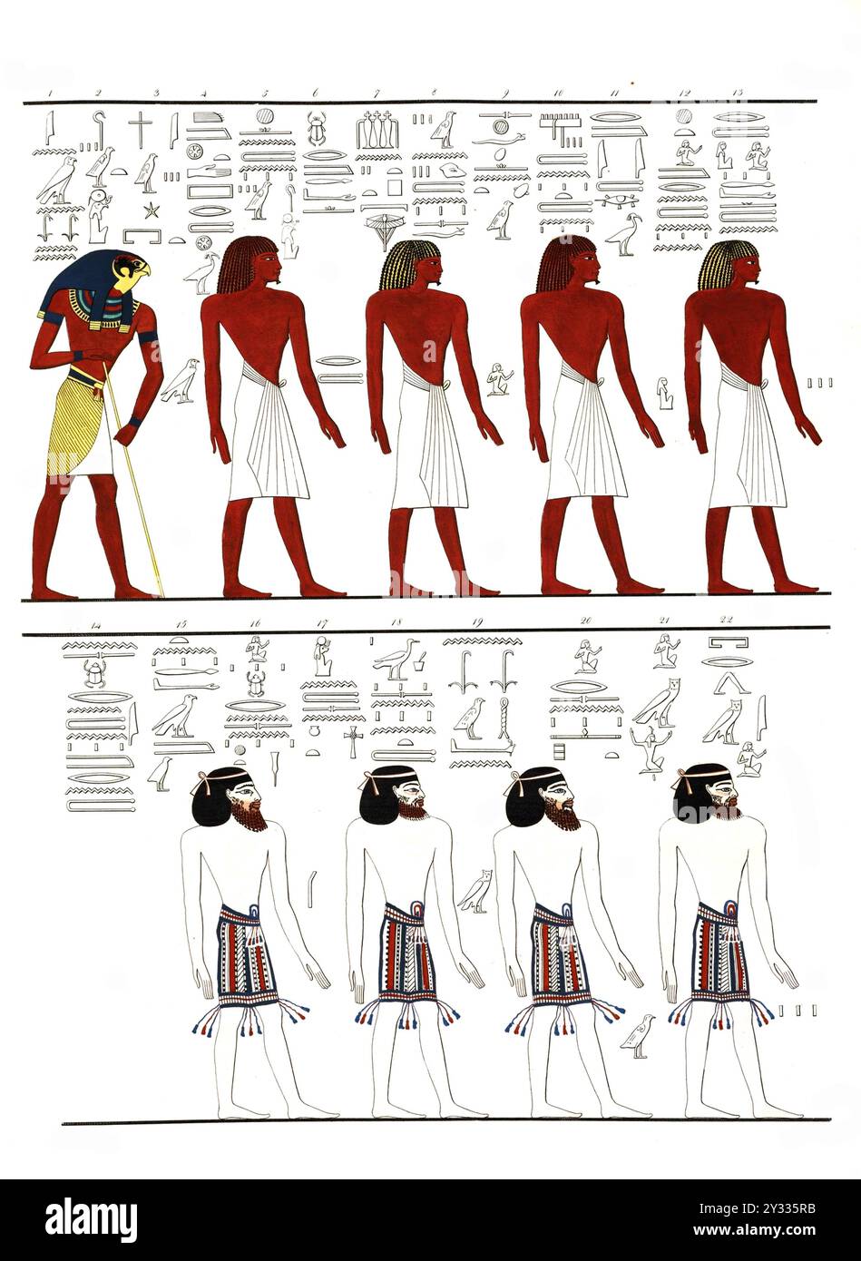 Les différentes sortes de personnes connues des Egyptiens, représentées dans le tombeau de Menphtah I. les premiers sont les Egyptiens eux-mêmes, et tous sont succédé par le Dieu Horus, 1832-1844, les monuments de l'Egypte et de la Nubie, dessinés par l'expédition scientifique et littéraire toscane en Egypte, illustré par le docteur Ippolito Rosellini, historique, reproduction numérisée d'un original de la période Banque D'Images