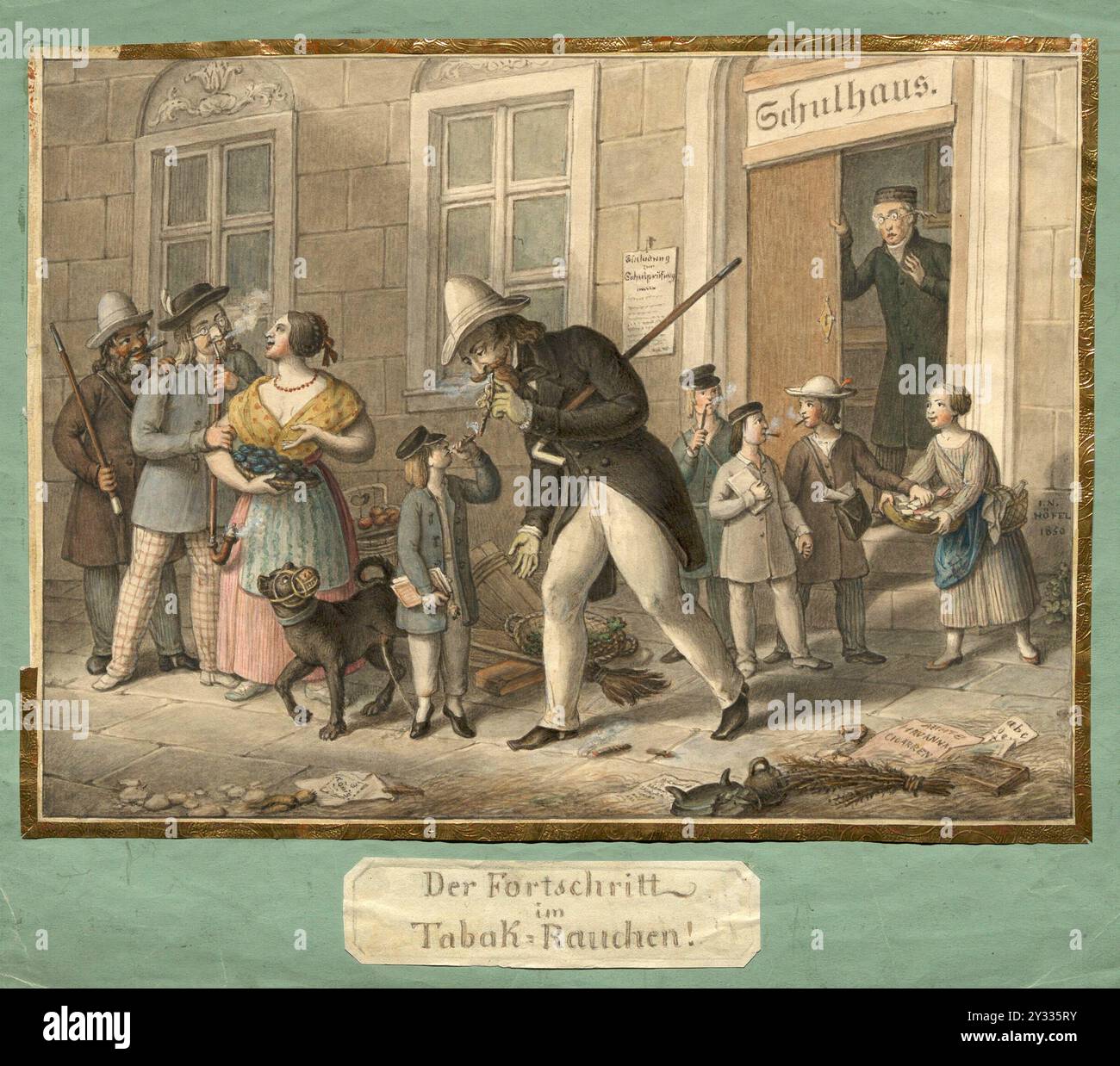 Les progrès du tabagisme, 1850, tout le monde fumant une pipe ou un cigare devant l'école, les enfants fumant, historique, reproduction restaurée numériquement à partir d'un original de l'époque Banque D'Images