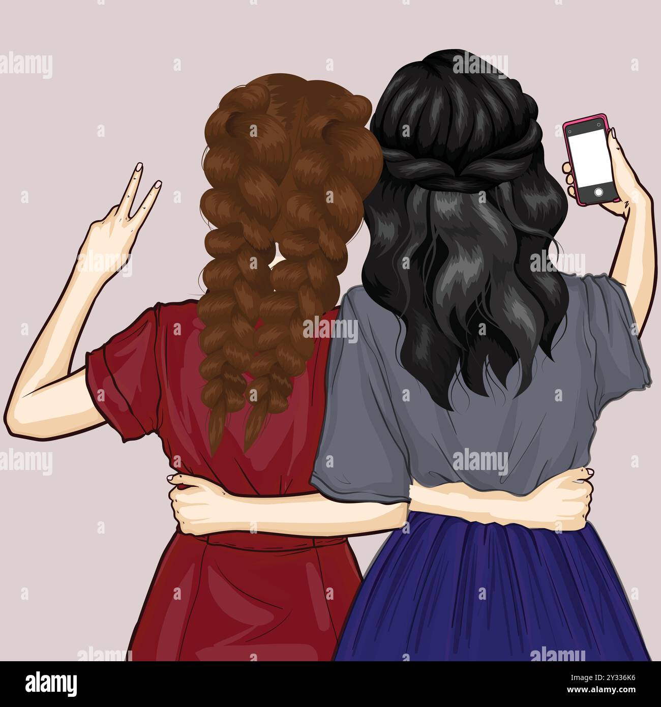 Deux bestFriends debout en arrière, serrés, faisant selfie sur smartphone. Les femmes prennent une photo, montrent la paix, le geste de victoire. Affiche de communication. Illustration de Vecteur