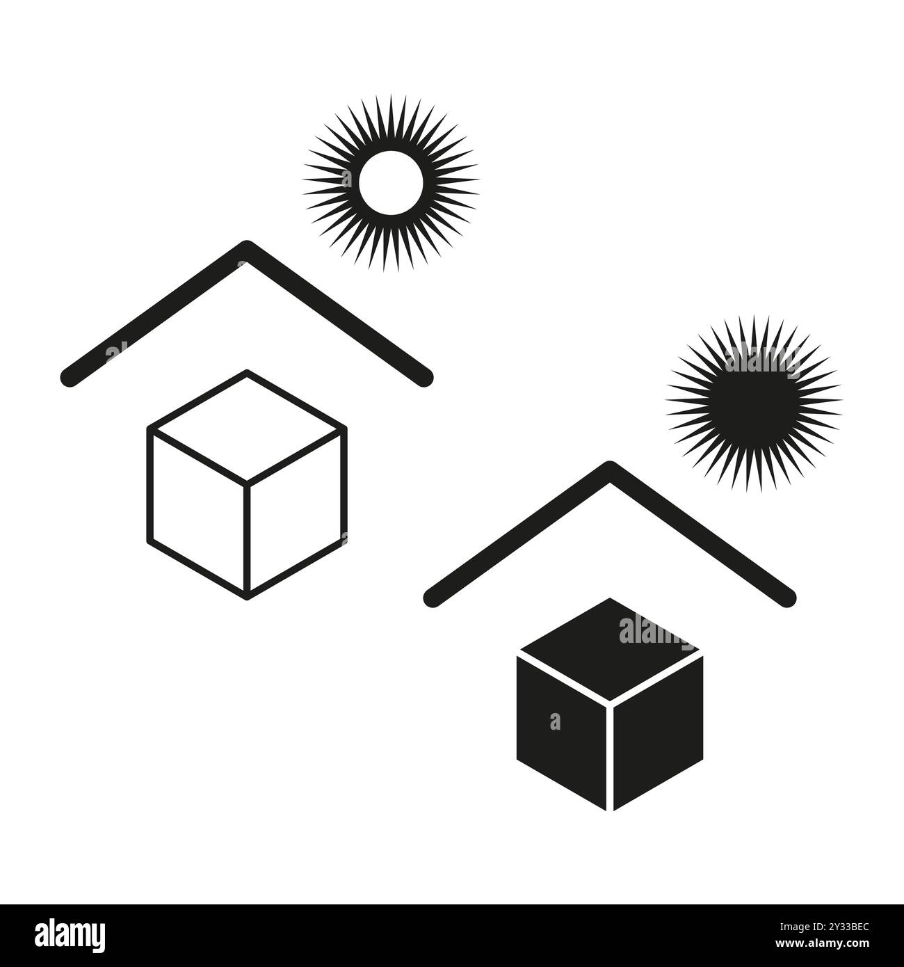 Symboles maison et cube. Illustration de formes géométriques. Icône abstraite du soleil. Design noir et blanc. Illustration de Vecteur