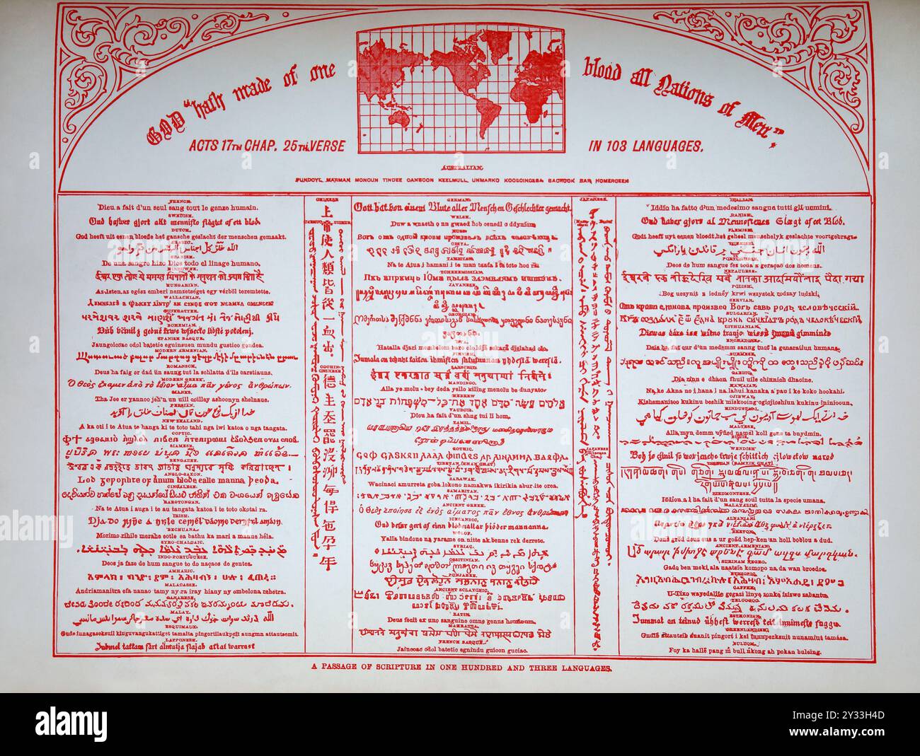 Un passage de l'écriture en 103 langues (Acts17.25) 'Dieu a fait d'un seul sang toutes les Nations des hommes' de l'antique 19ème siècle National Comprehensive F Banque D'Images