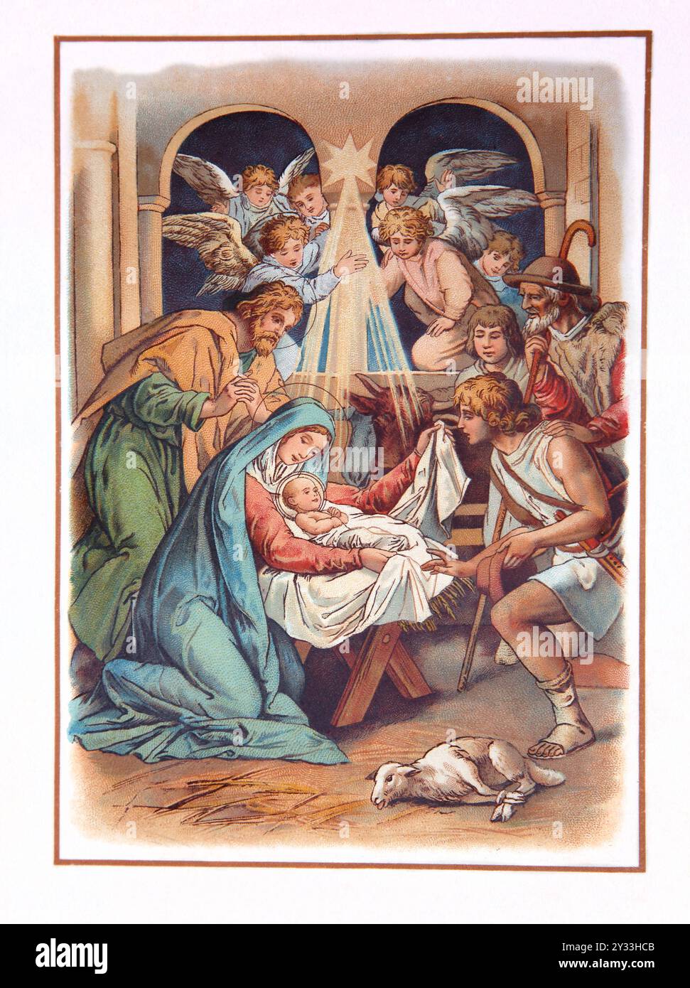 Illustration Art Déco de la Nativité (Luc ) les bergers sont venus voir la Sainte famille dans a manger from Antique 1909 Edition de The Children's Boo Banque D'Images