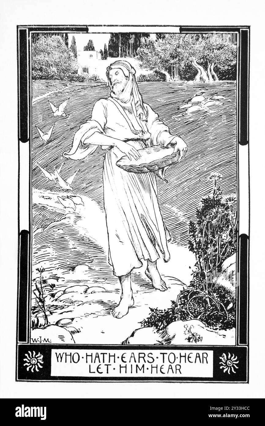 Illustration Art Nouveau de la parabole du semeur de l'Antique édition 1909 du Livre pour enfants du Nouveau Testament histoire par Mme C. D Francis Banque D'Images