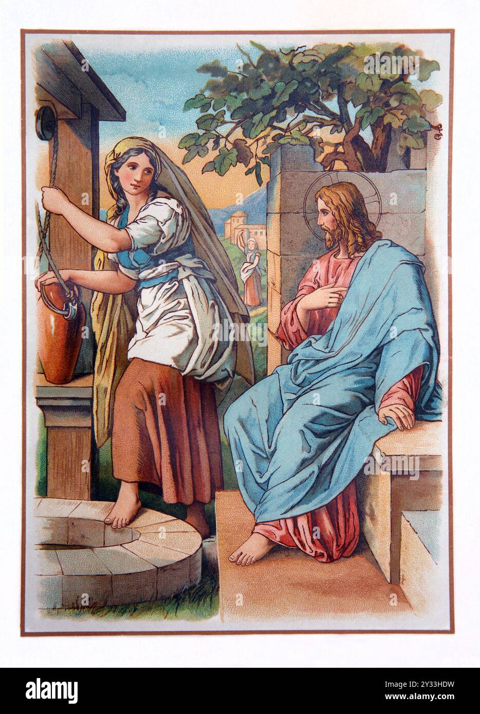 Illustration Art Déco du Christ et de la femme de Samarie (Evangile de Jean) Jésus Christ demandant un verre d'eau d'une femme samaritaine chez Jacob Banque D'Images