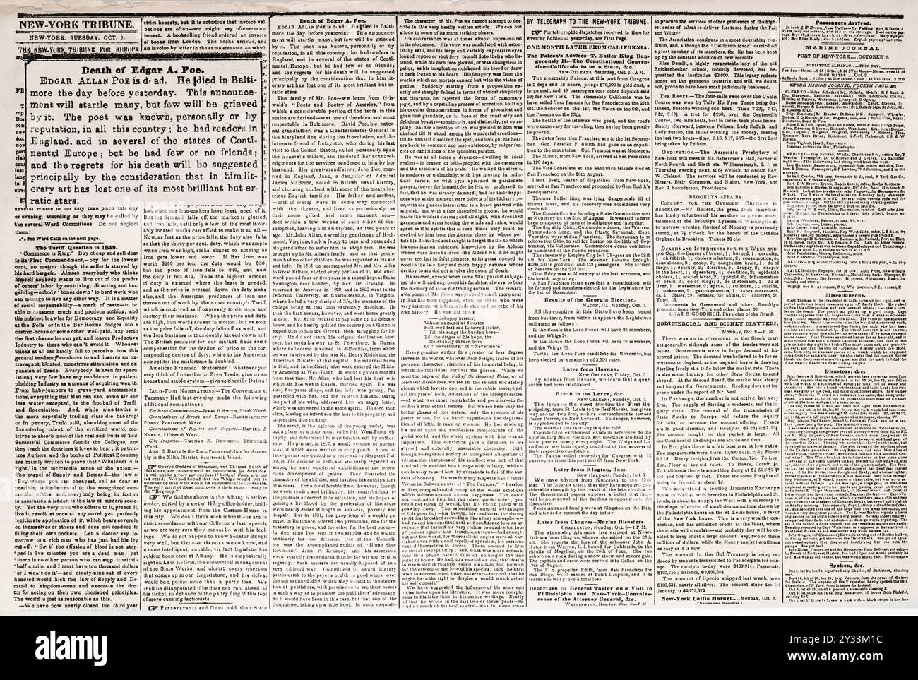 La tristement célèbre première nécrologie sur Edgar Allan Poe, publiée dans le New York Daily Tribune, le 9 octobre 1849, deux jours après la mort de l’auteur et signée trompeuse « LUDWIG » (alias Rufus Wilmot Griswold) Banque D'Images