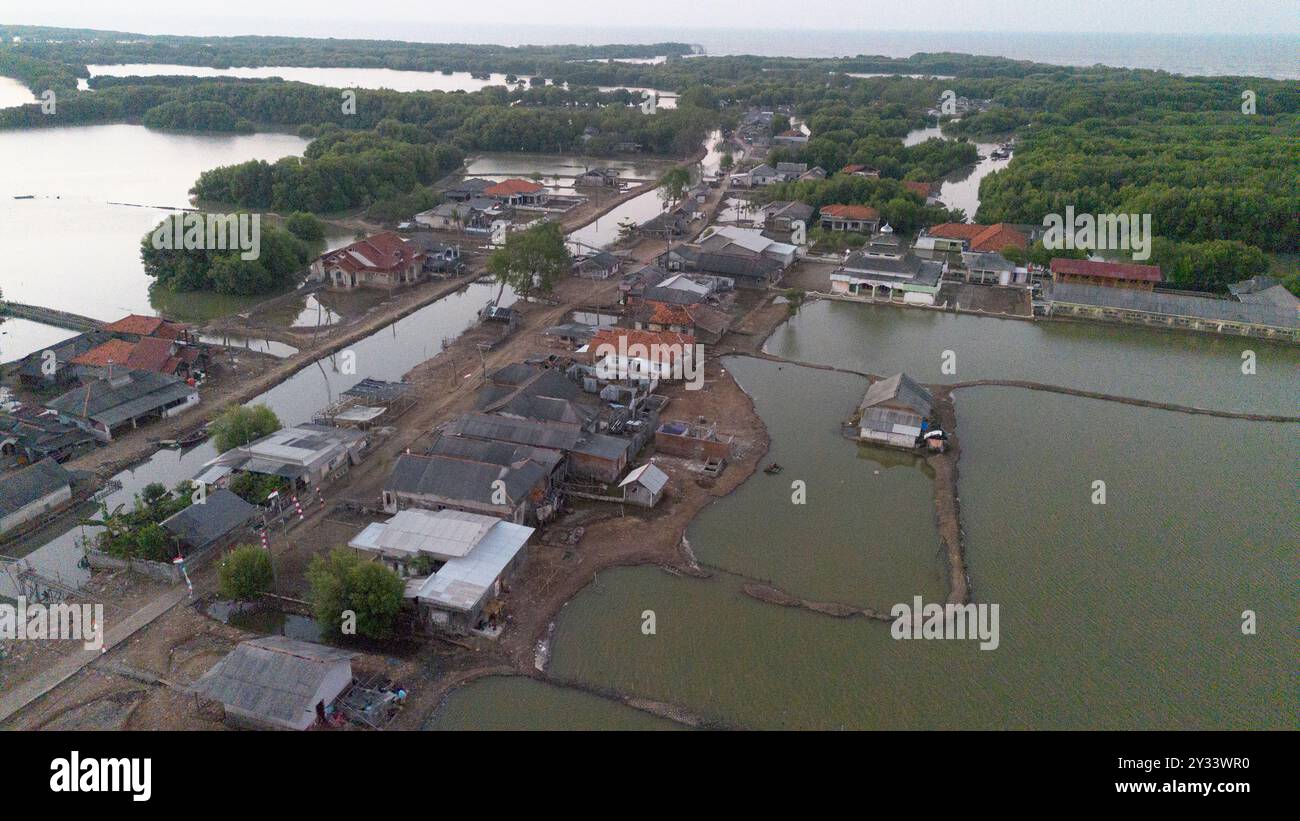 Changement climatique : village naufragé de Beting, régence de Bekasi, Java, Indonésie, Asie Banque D'Images