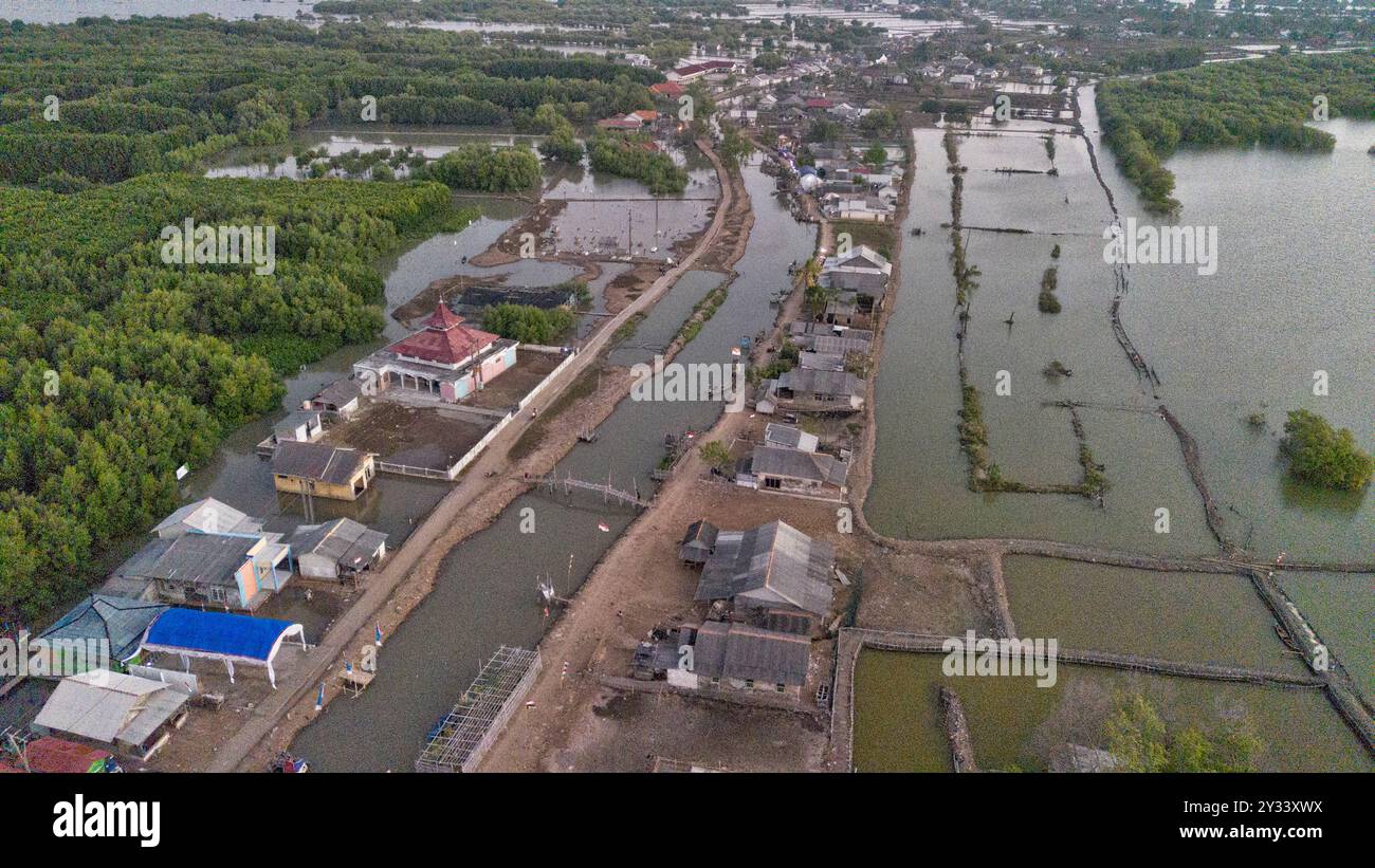 Changement climatique : village naufragé de Beting, régence de Bekasi, Java, Indonésie, Asie Banque D'Images