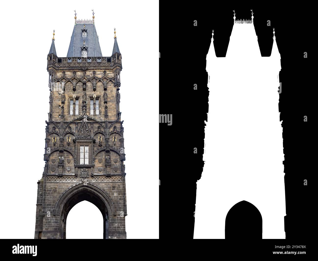 La Tour de la poudre ou porte de la poudre est une tour gothique à Prague, République tchèque, isolée sur fond blanc avec masque de découpage et chemin Banque D'Images