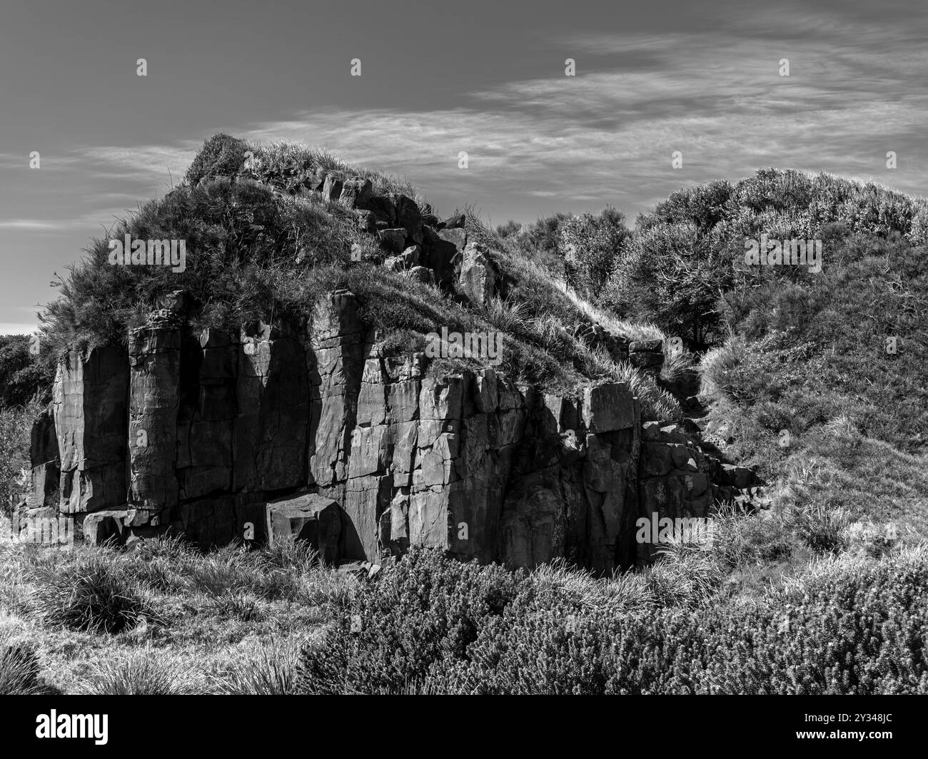 Photographie en noir et blanc d'une formation rocheuse accidentée avec de l'herbe et des arbustes sous un ciel partiellement nuageux. Banque D'Images