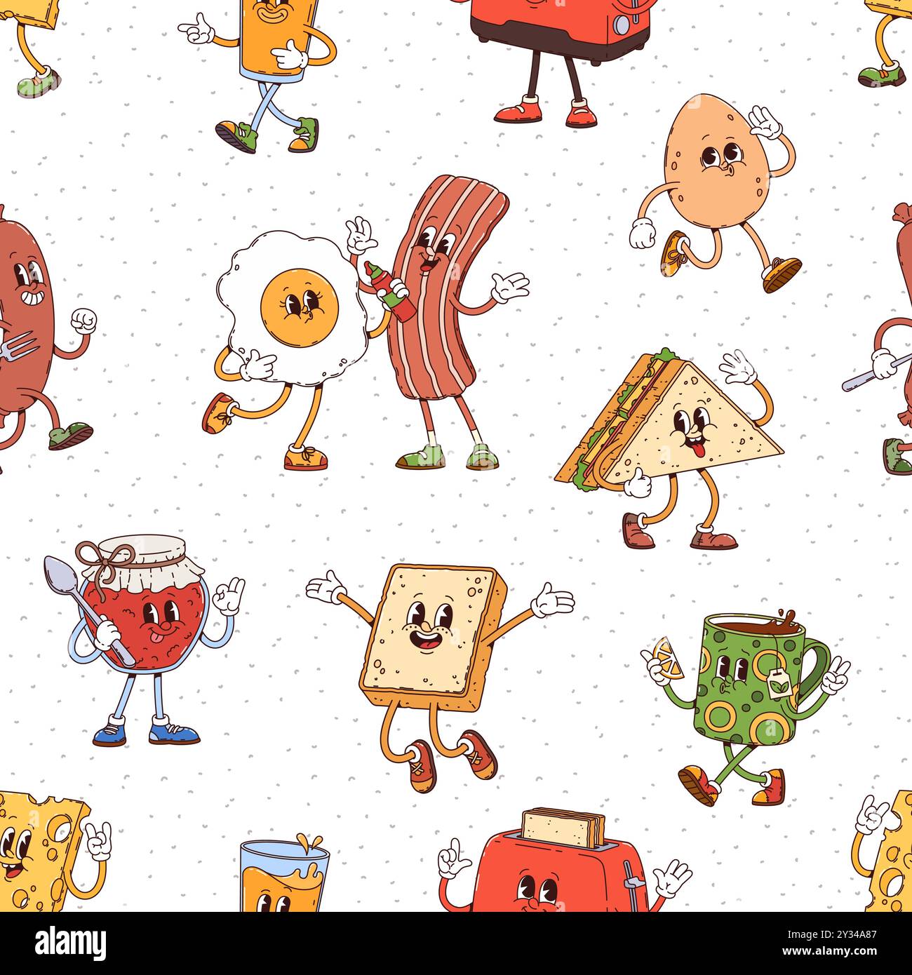 Motif sans couture des personnages de petit-déjeuner groovy. Fond de tuile vectorielle avec bacon rétro drôle, œuf, pain grillé, sandwich, pot de confiture et tasses à boisson ou tranche de fromage avec des expressions gaies et des poses ludiques Illustration de Vecteur
