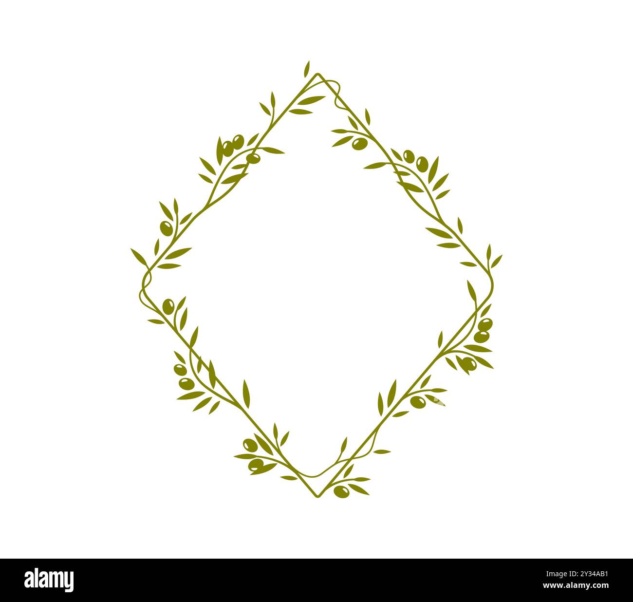Cadre de branche d'olivier ou bordure de diviseur de feuilles vertes ou de couronne de plante, fond de vecteur. Décoration de feuille d'olives pour le cadre ou la bordure et élément de séparation d'ornement orné de couronne d'olive grecque Illustration de Vecteur