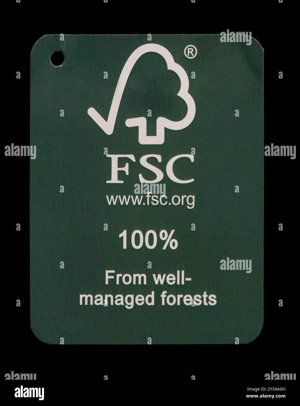 FSC - Forest Stewardship Council - logotype sur étiquette en carton vert usagé. 100 pour cent proviennent de forêts bien gérées. Gros plan photo isolé sur fond noir Banque D'Images