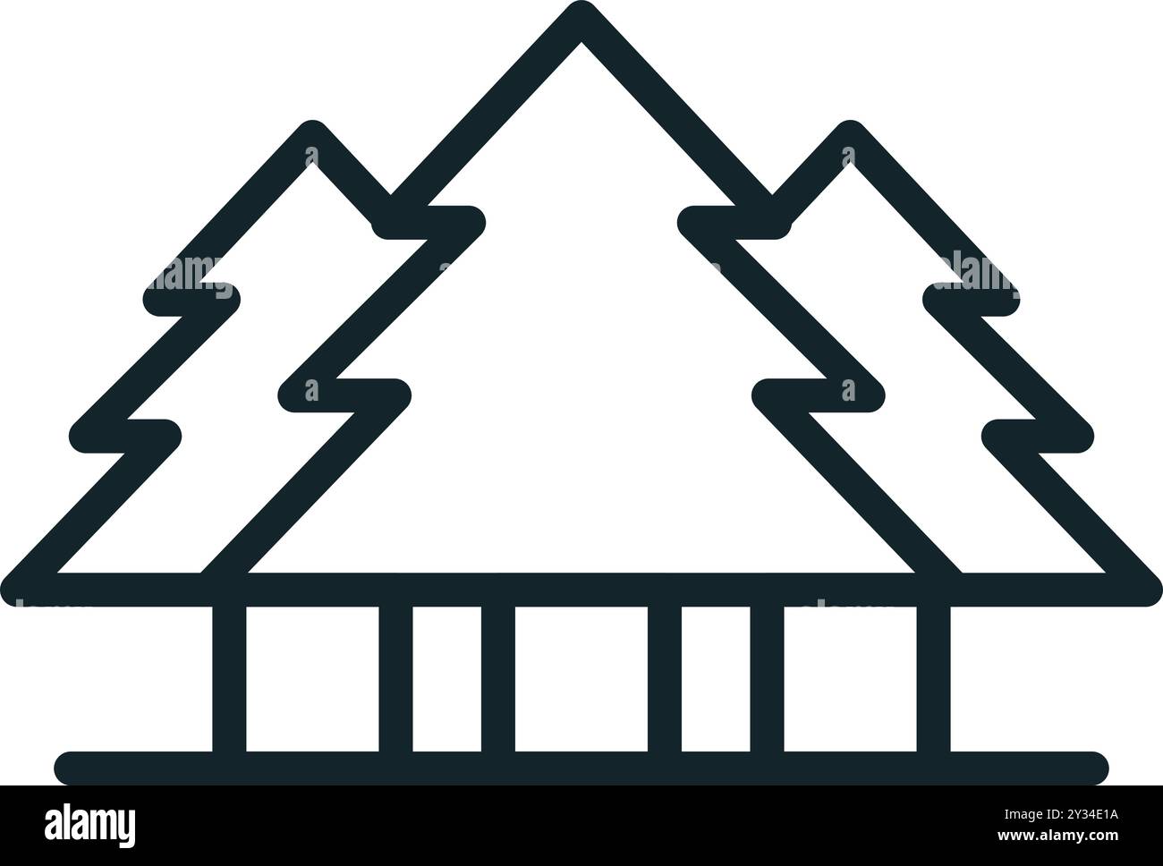 Icône minimaliste d'art de ligne d'une tente de camping sous des pins Illustration de Vecteur