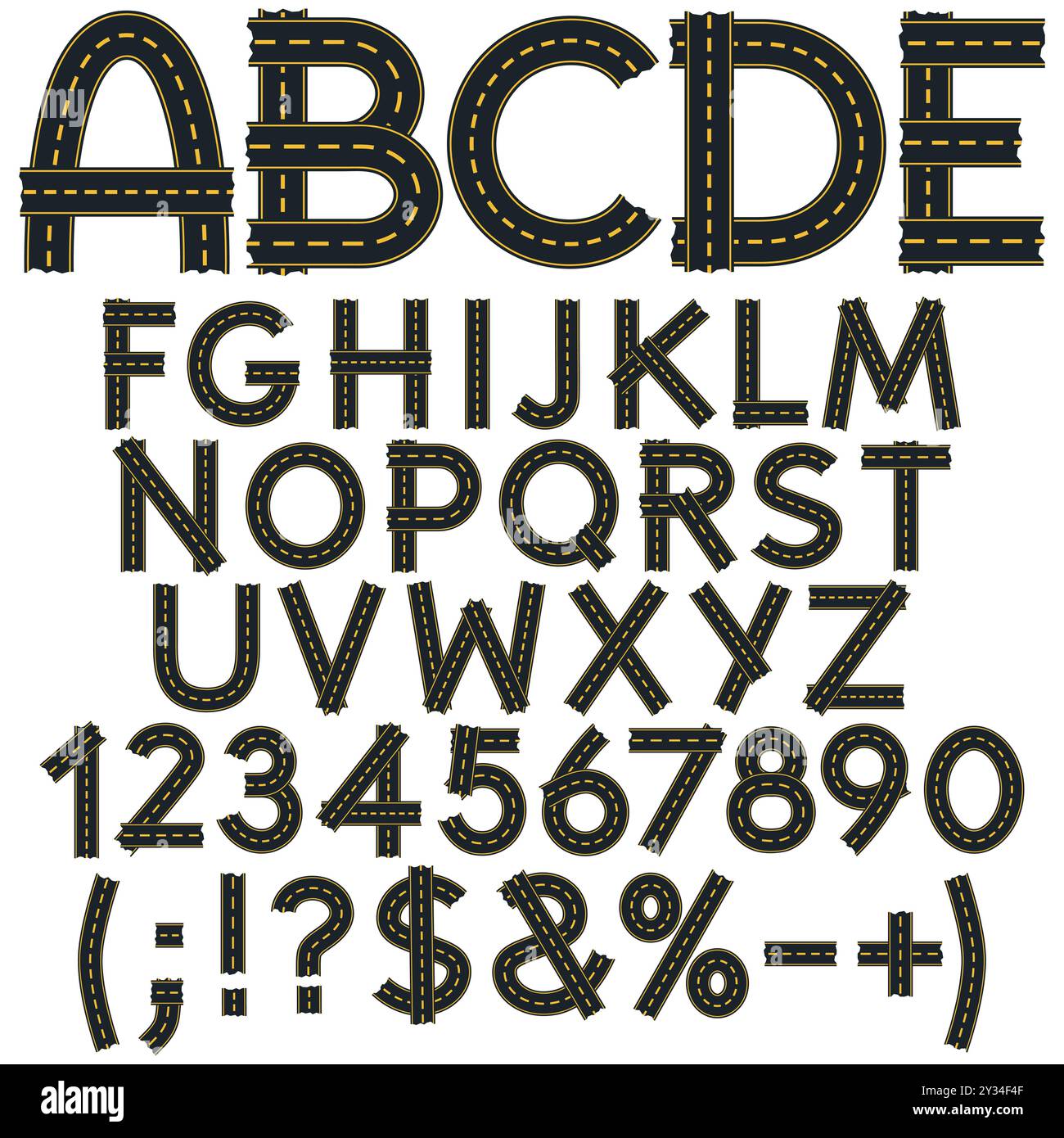 Alphabet, lettres, chiffres et signes de la surface de la route, route. Objets vectoriels isolés sur fond blanc. Illustration de Vecteur