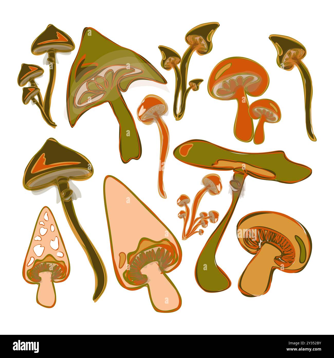 Ensemble de champignons colorés fantastiques. Collection d'illustrations vectorielles dessinées à la main. Croquis de plantes forestières. Ensemble botanique. Silhouette vectorielle isolée sur wh Illustration de Vecteur