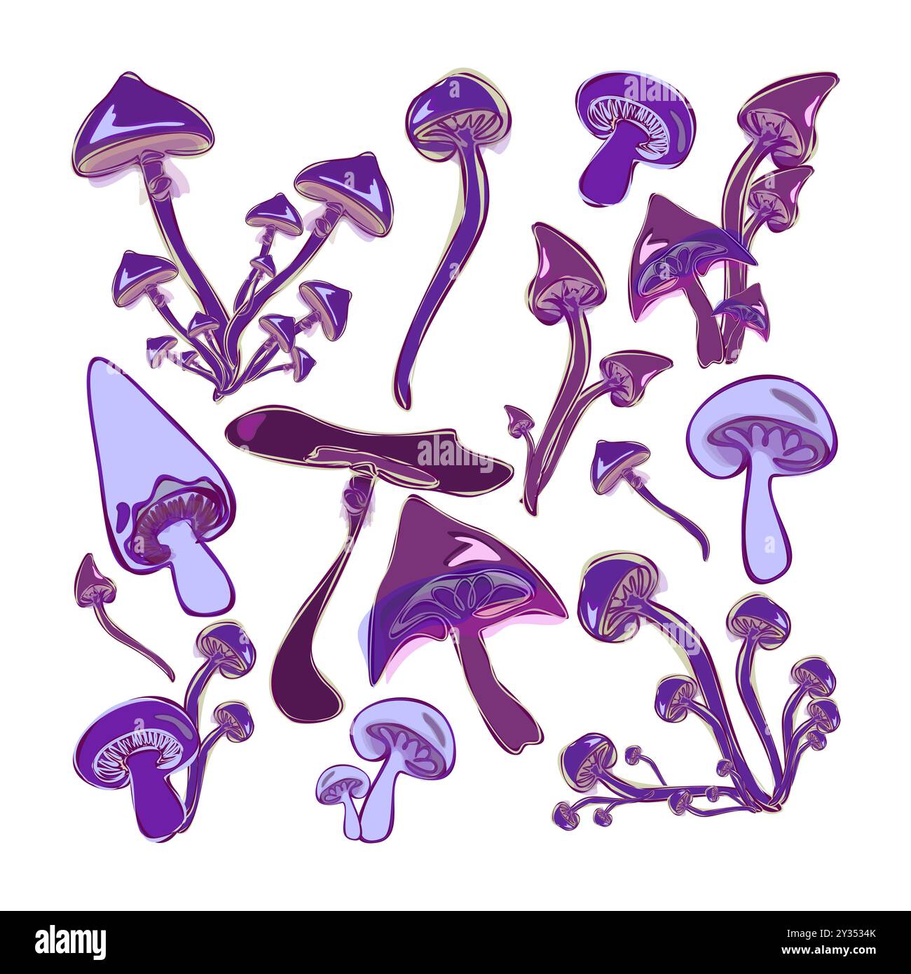 Ensemble de champignons colorés fantastiques. Collection d'illustrations vectorielles dessinées à la main. Croquis de plantes forestières. Ensemble botanique. Silhouette vectorielle isolée sur wh Illustration de Vecteur