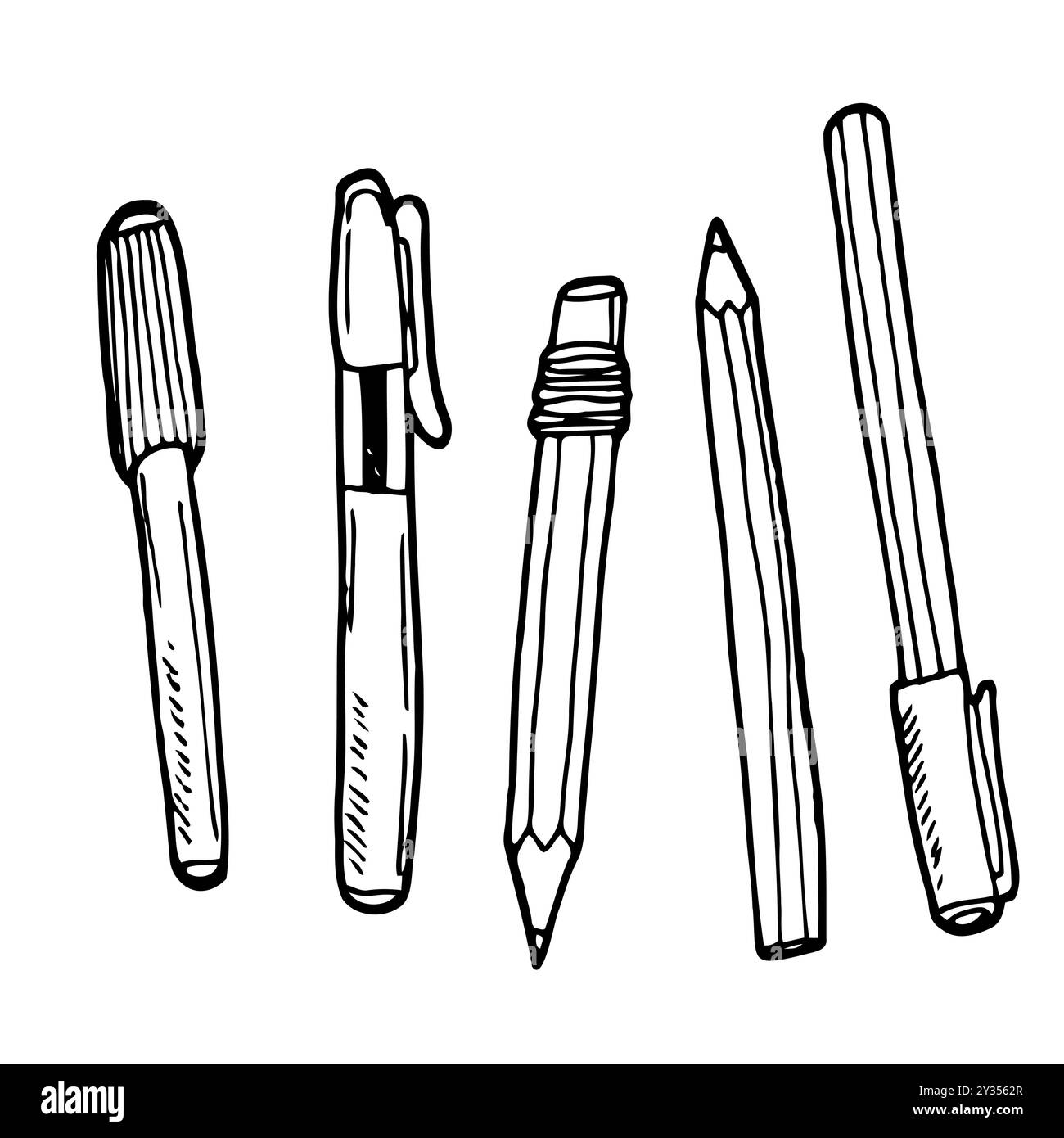 matériel d'art, jeu de stylos et crayons à dessin au trait Illustration de Vecteur
