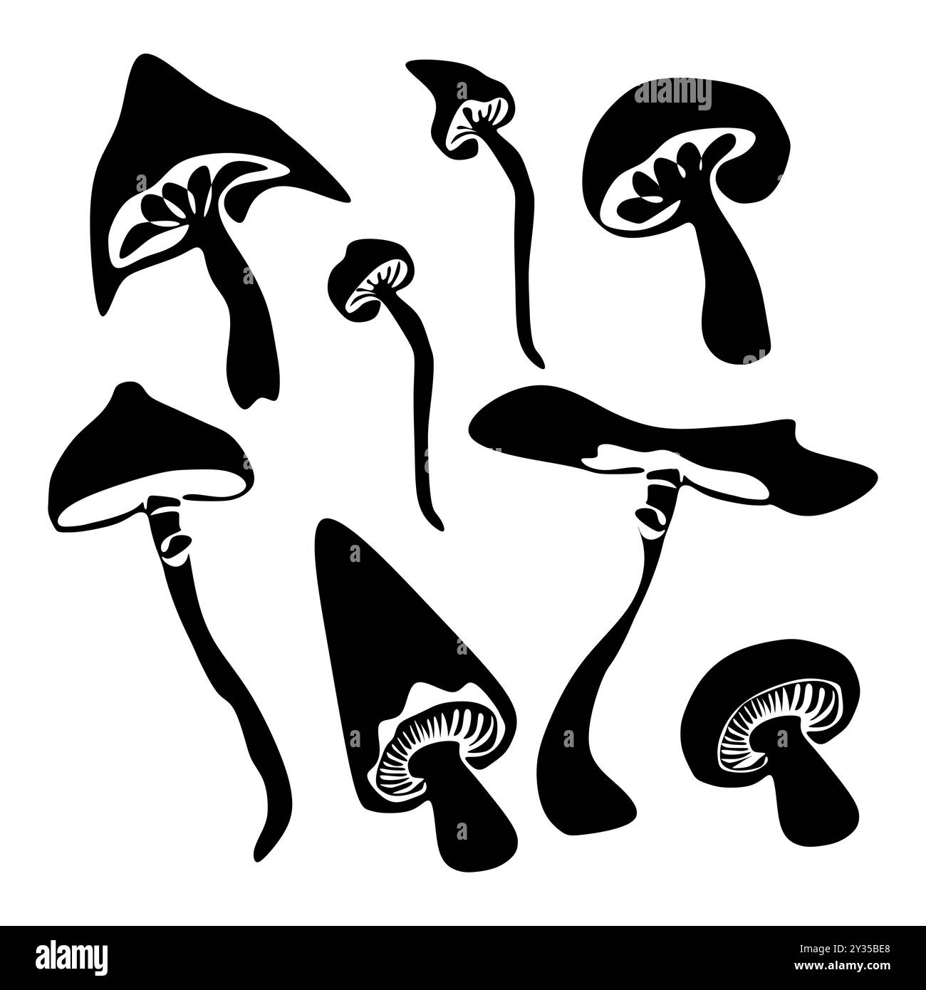 Ensemble de silhouette de champignons fantastiques. Collection d'illustrations vectorielles dessinées à la main. Croquis de plantes forestières. Ensemble botanique. Silhouette vectorielle isolée sur Illustration de Vecteur