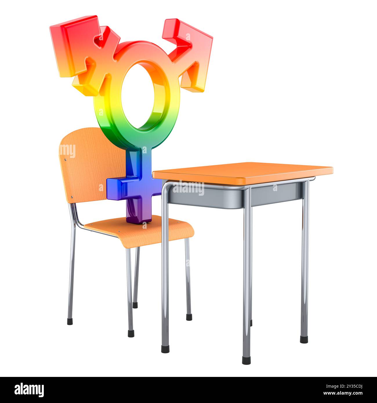 Symbole transgenre sur un bureau d'école, rendu 3D isolé sur fond blanc Banque D'Images