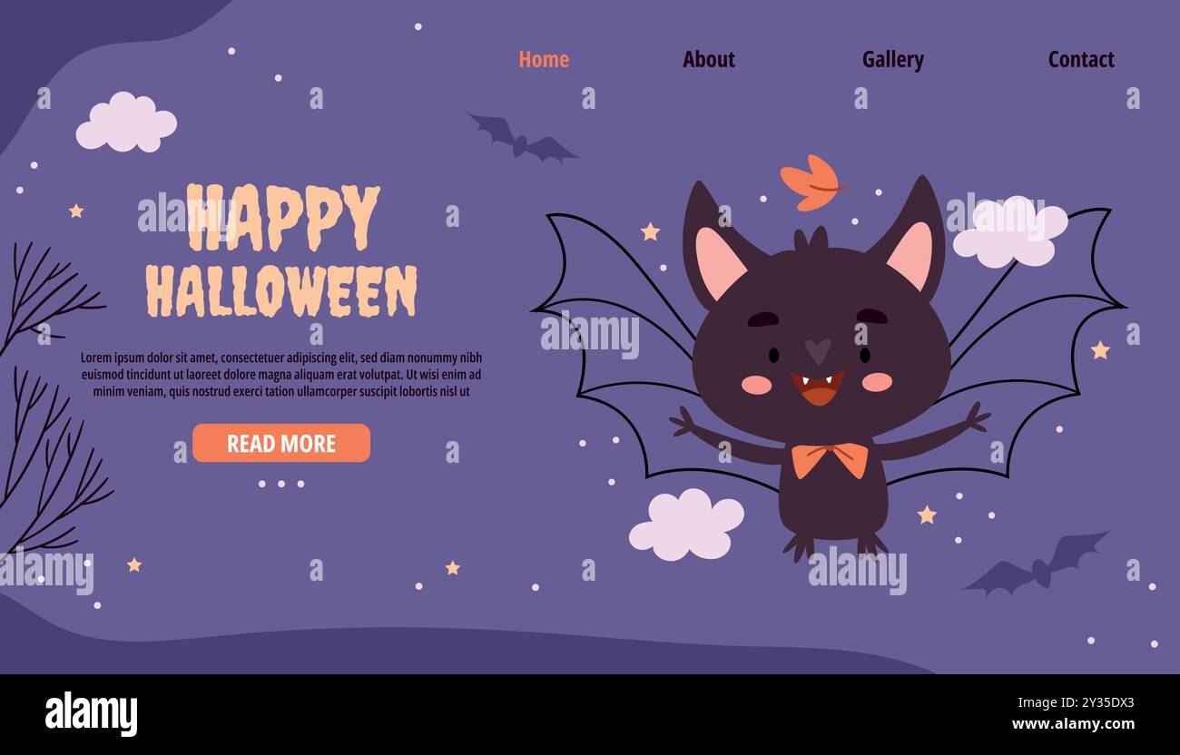 Bonne page d'accueil pour Halloween. Chauve-souris drôle sur un fond violet. Illustration de Vecteur