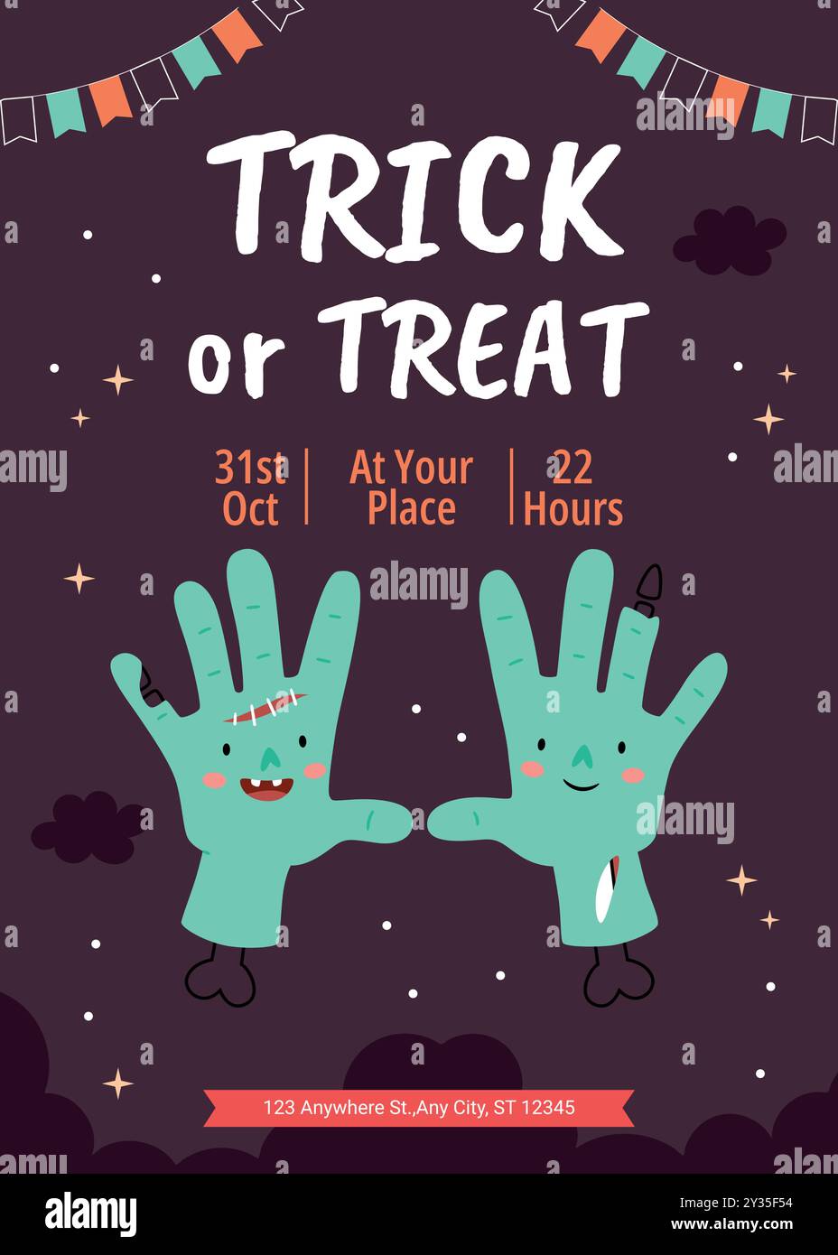 Affiche d'invitation à la fête d'Halloween. Fête costumée. Mains de zombie drôles. Illustration de Vecteur