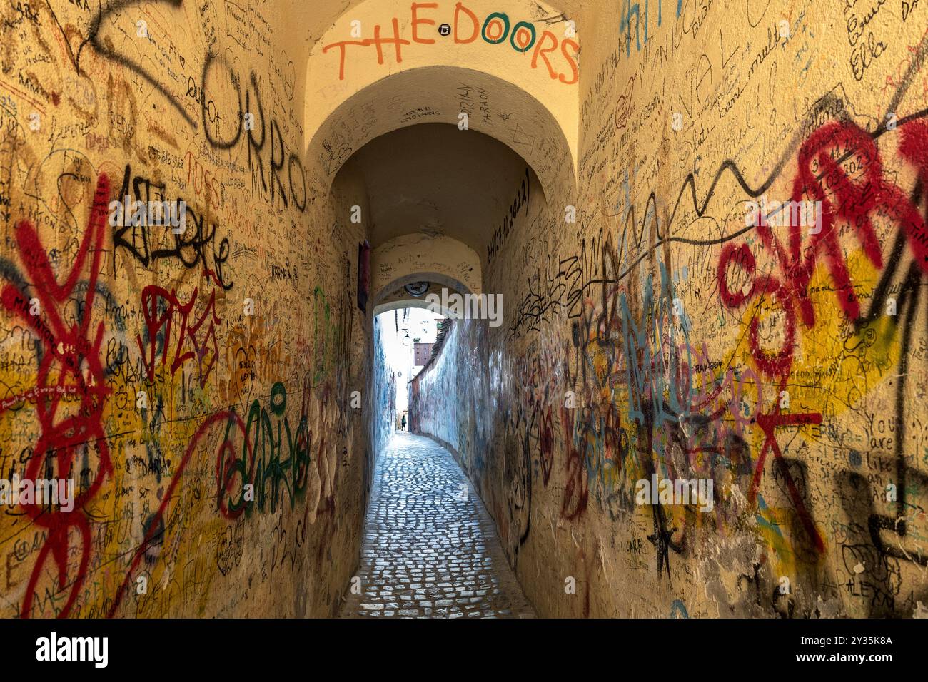 Rue de corde, voie médiévale, Strada Sforii, pour les tuyaux d'incendie, Brasov, Roumanie Banque D'Images