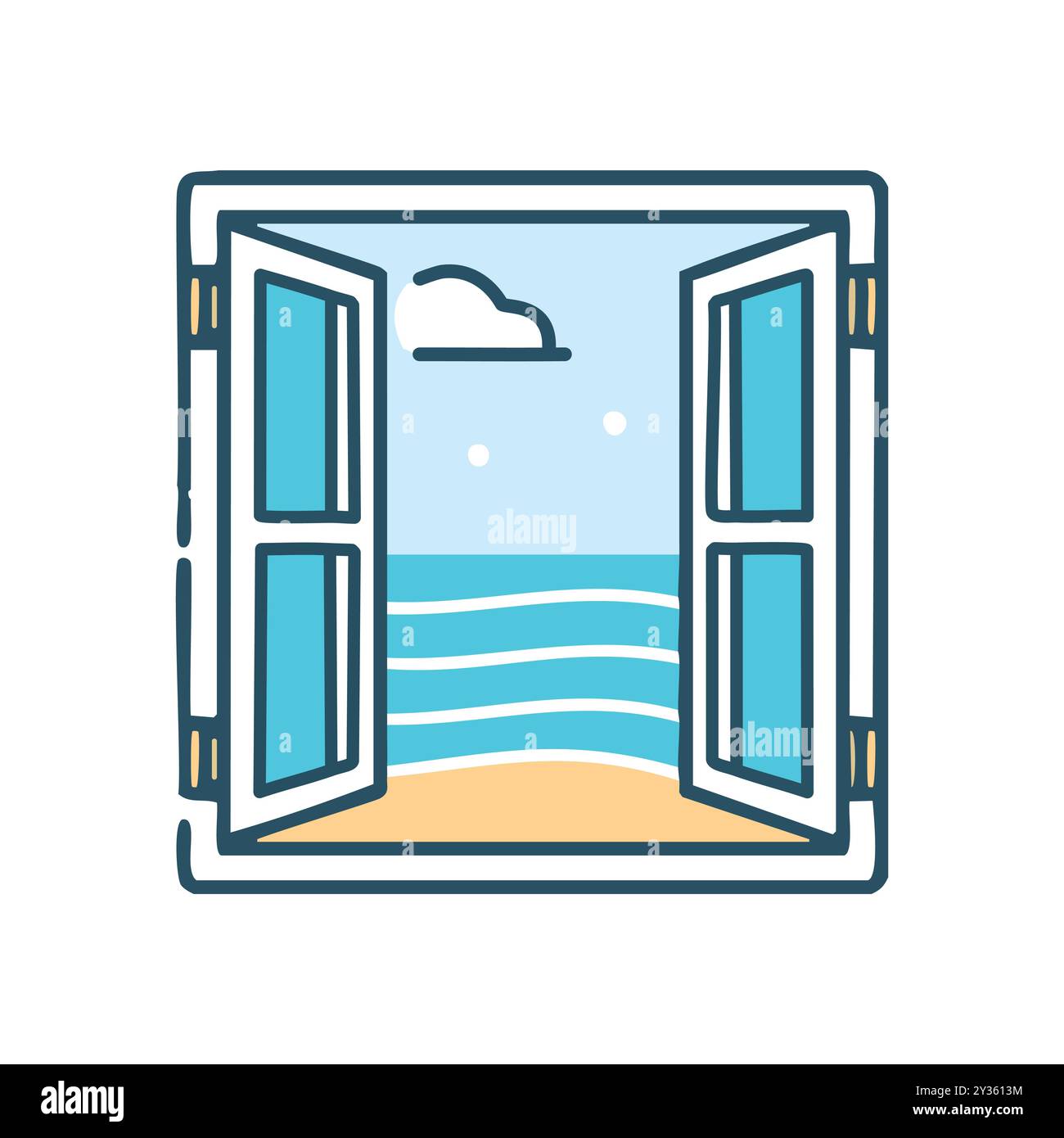 Fenêtre avec vue sur l'océan. Fenêtre ouverte avec vue sur l'océan et la plage, symbolisant l'évasion, la liberté et la détente. Illustration de Vecteur