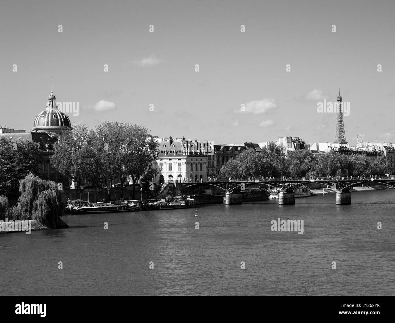 Noir et blanc, nstitut de France, Pont des Arts, Tour Eiffel, sur la rivière saine, Paris, France, Europe, UE. Banque D'Images