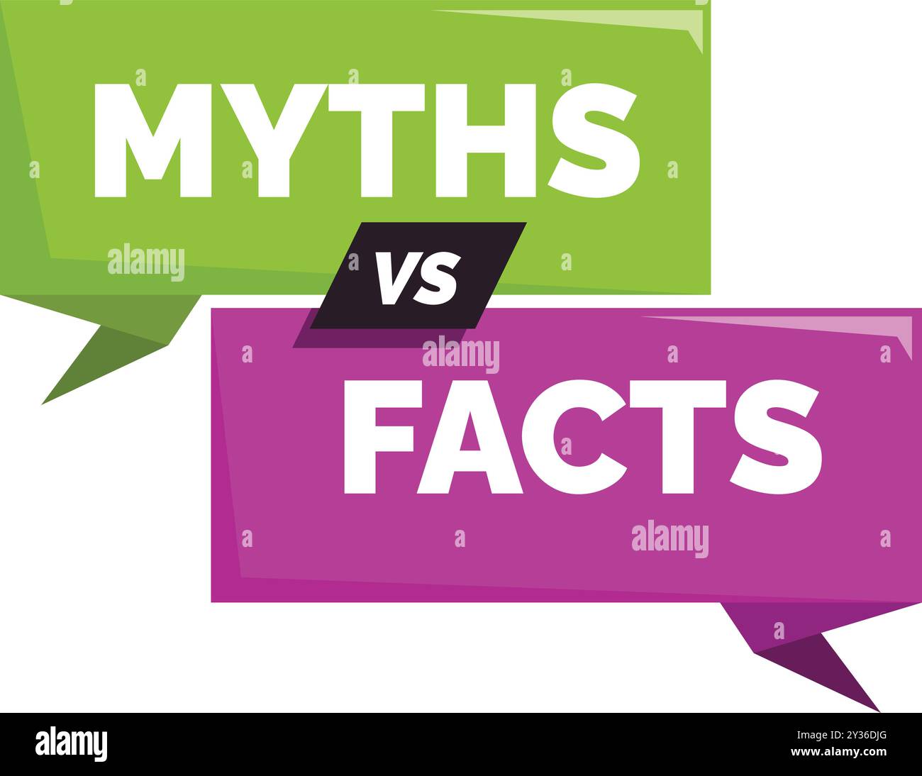 Bulles de discours vertes et violettes comparant et contrastant les différences entre mythes et faits Illustration de Vecteur