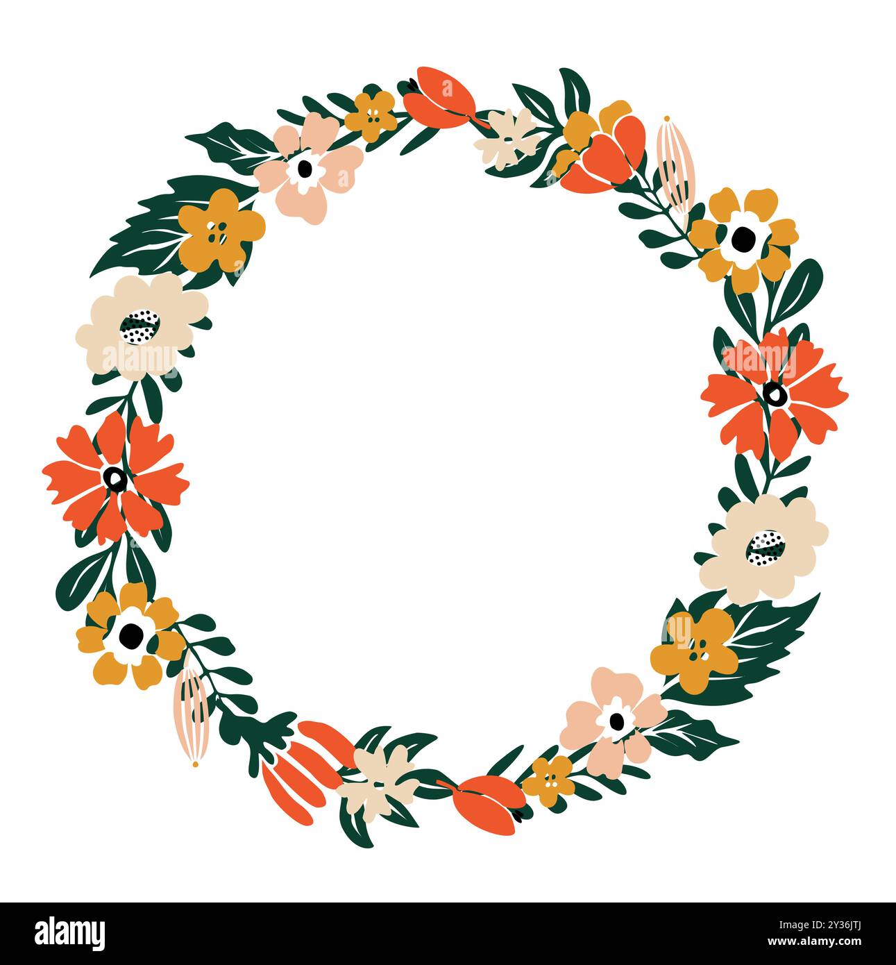 Fleurs sauvages et feuilles cercle cadre couronne florale Illustration de Vecteur