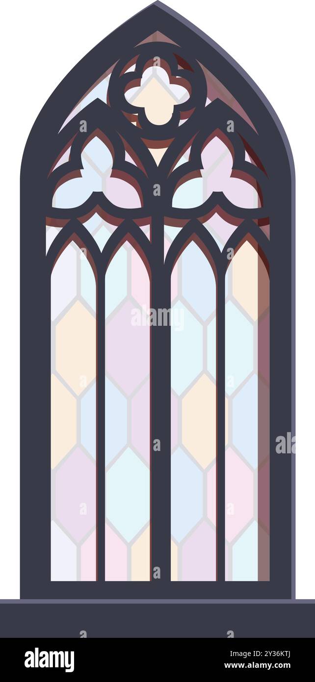 La grande fenêtre gothique à arc pointu avec vitrail au plomb laisse la lumière briller à travers Illustration de Vecteur