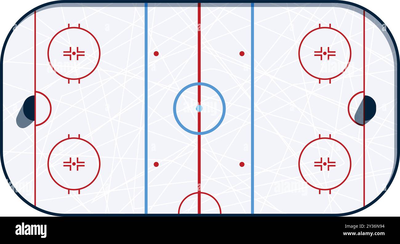 Illustration vectorielle minimaliste avec une patinoire vide de hockey sur glace avec des marques, suggérant le début d'un jeu ou d'une pratique Illustration de Vecteur