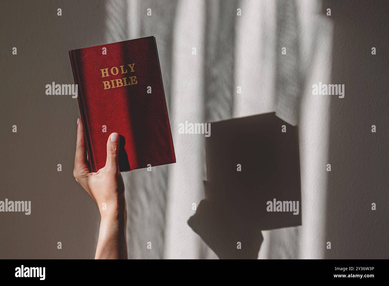 Une personne tient un livre de Sainte Bible recouvert de rouge dans une main contre un mur lumineux et ensoleillé Banque D'Images