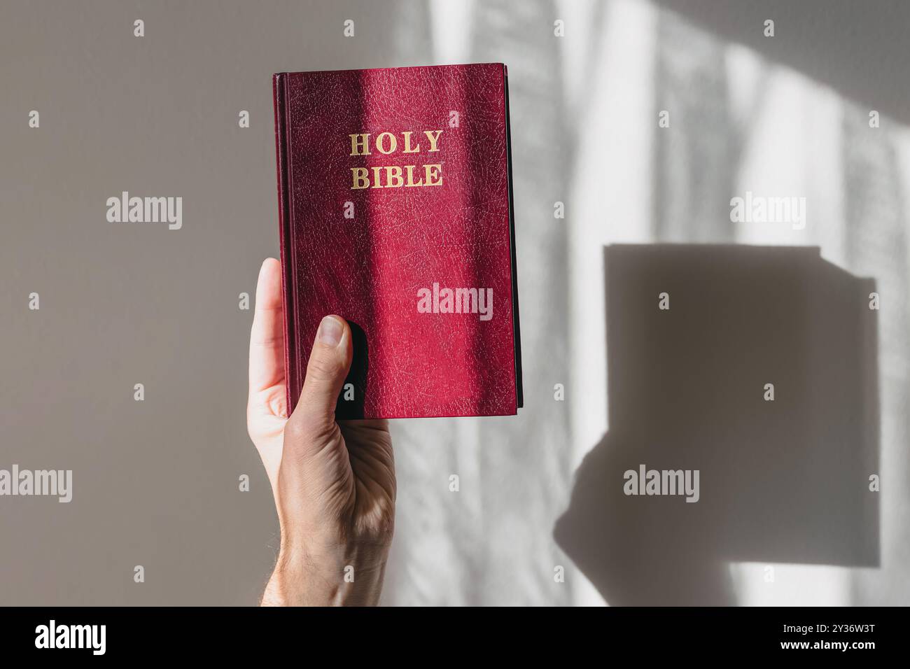 La main masculine tient un livre de Sainte Bible recouvert de rouge contre un mur lumineux et ensoleillé Banque D'Images